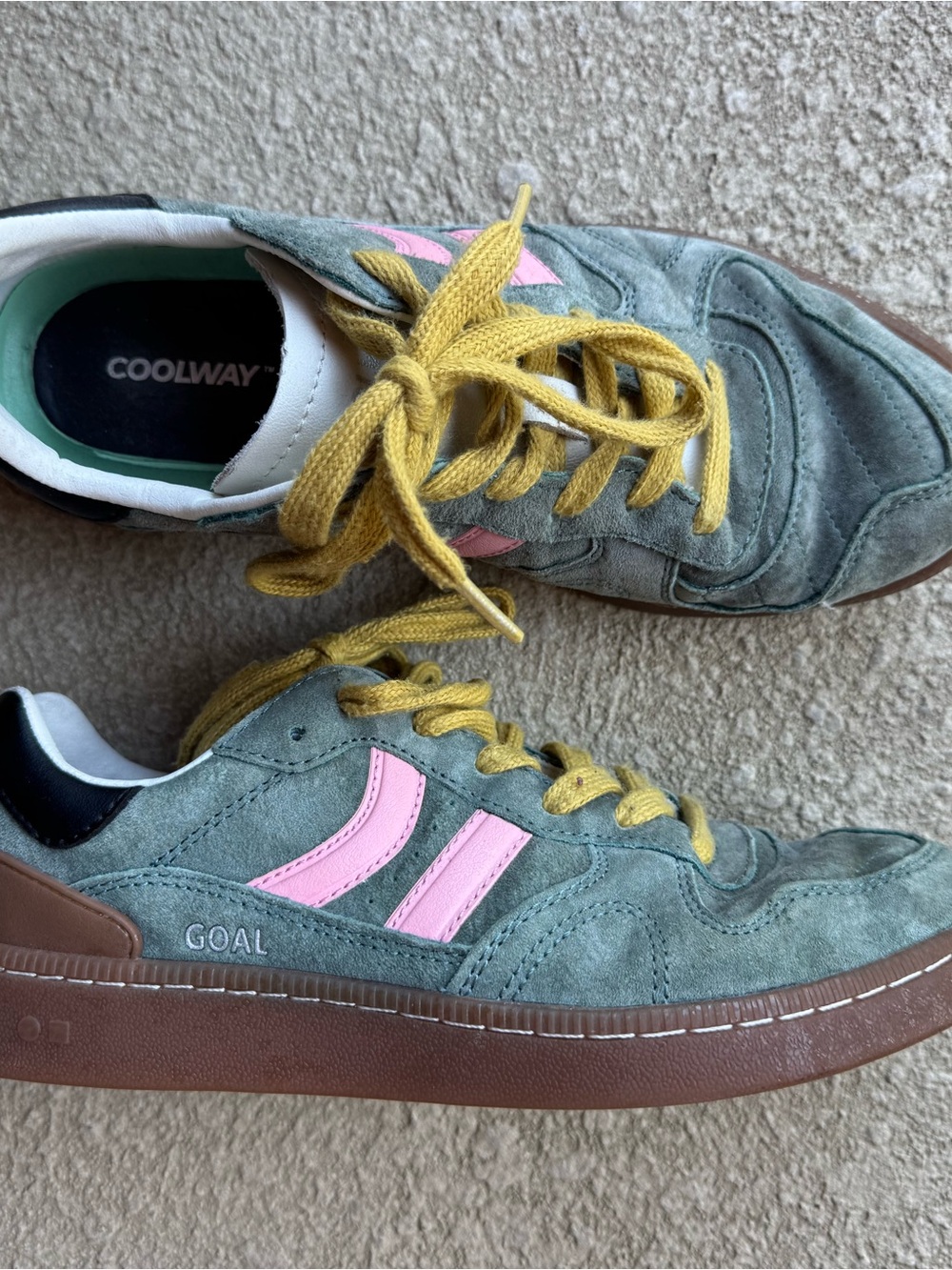 Coolway Green Suede Sneakers with Pink Stripes and Yellow Laces